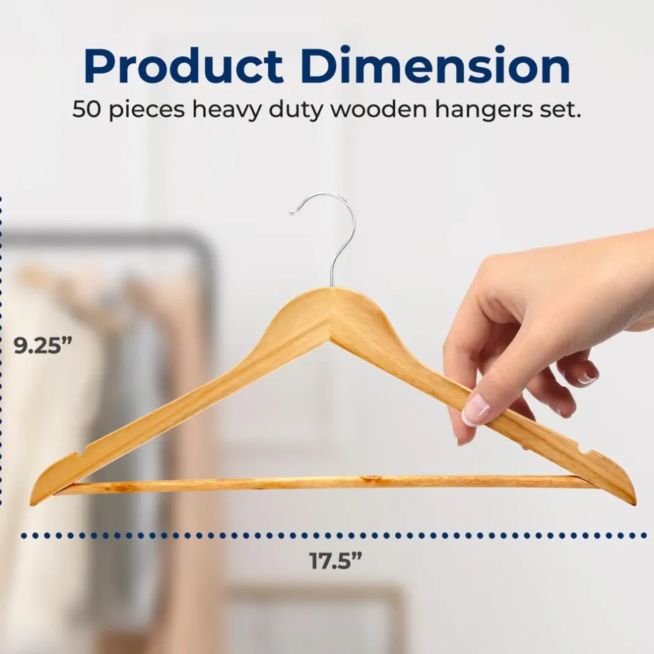Wooden Hangers 50-Pack, Heavy Duty, 360° Swivel Hook, Natural Wood<SereneLife Hot