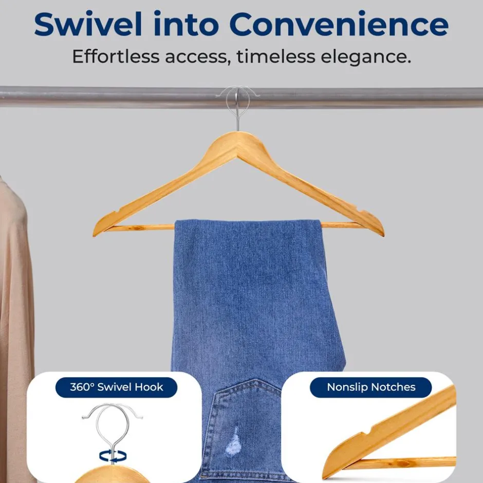 Wooden Hangers 50-Pack, Heavy Duty, 360° Swivel Hook, Natural Wood<SereneLife Hot