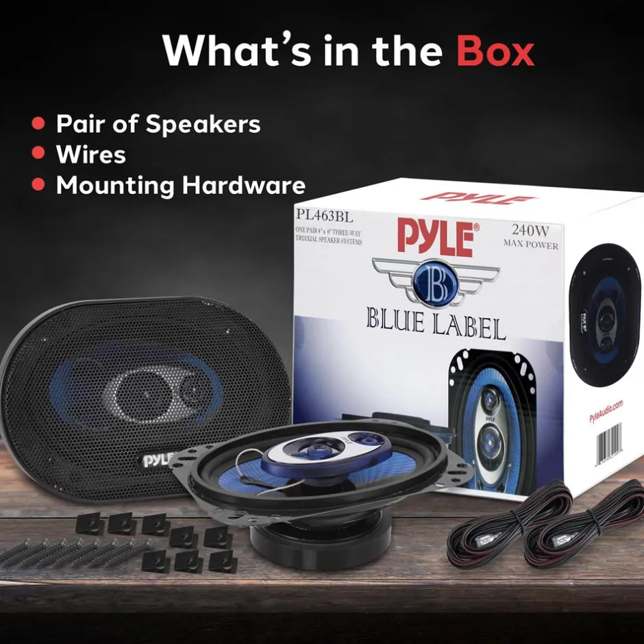 4"x6" 240W Car Speakers, Triaxial, Butyl Rubber, Blue Cone<Pyle Online